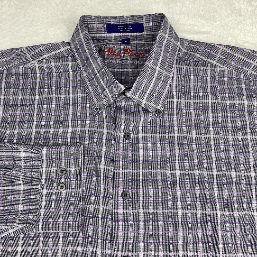 Alan Flusser Mens XL Gray Purple Check‎ Dress Shirt 100% Cotton NWOT Long Sleeve